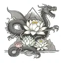 A lotus flower blooming at the peak of a mountain, with a dragon coiled around it tattoo design idea