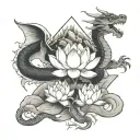 A lotus flower blooming at the peak of a mountain, with a dragon coiled around it tattoo design idea