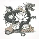 A lotus flower blooming at the peak of a mountain, with a dragon coiled around it tattoo design idea