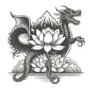 A lotus flower blooming at the peak of a mountain, with a dragon coiled around it tattoo design idea