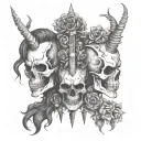 totem skuls facing different ways on top of each other. 1 is a punk rocker 2 has flowers and 3  has unicorn horn tattoo design idea