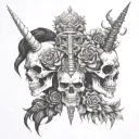 totem skuls facing different ways on top of each other. 1 is a punk rocker 2 has flowers and 3  has unicorn horn tattoo design idea