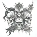 totem skuls facing different ways on top of each other. 1 is a punk rocker 2 has flowers and 3  has unicorn horn tattoo design idea