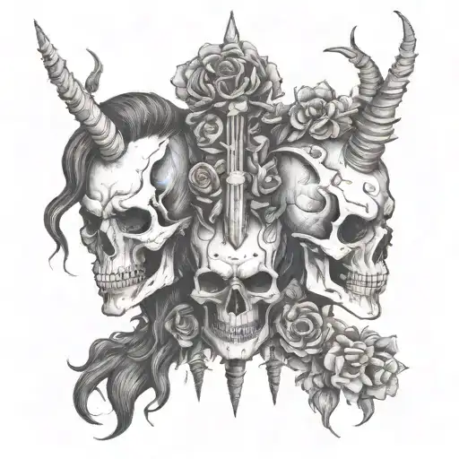 totem skuls facing different ways on top of each other. 1 is a punk rocker 2 has flowers and 3  has unicorn horn tattoo design idea