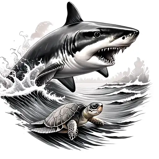 shark, turtle, sealife with waves and currents separating them that is realistic for forearm, black & White  tattoo design idea