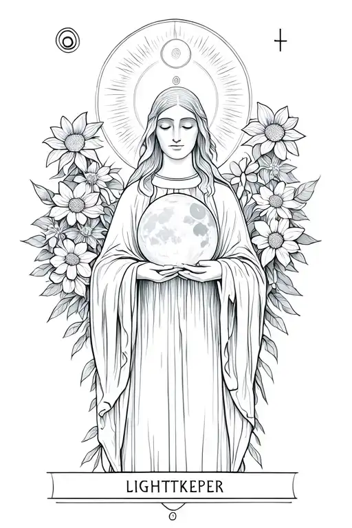 lightkeeper tarot card with halo illuminated by light above head, a 3rd eye chakra, holding the moon in hands flowers  tattoo design idea
