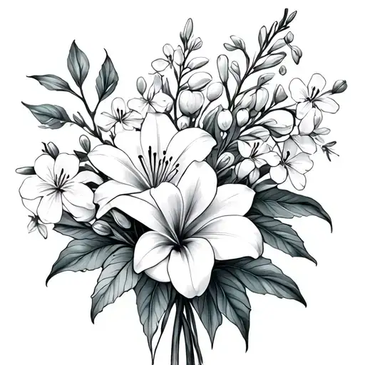 fine line bouquet of lily, myrtle, almond blossom, rose, lily of the valley, hyssop, pomegranate blossom, tattoo design idea