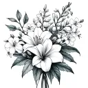 fine line bouquet of lily, myrtle, almond blossom, rose, lily of the valley, hyssop, pomegranate blossom, tattoo design idea
