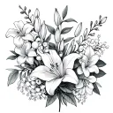 fine line bouquet of lily, myrtle, almond blossom, rose, lily of the valley, hyssop, pomegranate blossom, tattoo design idea