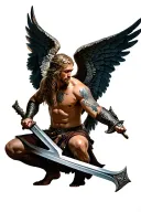 warrior angel kneeling with sword standing with wings wide open tattoo design idea