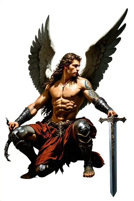 warrior angel kneeling with sword standing with wings wide open tattoo design idea