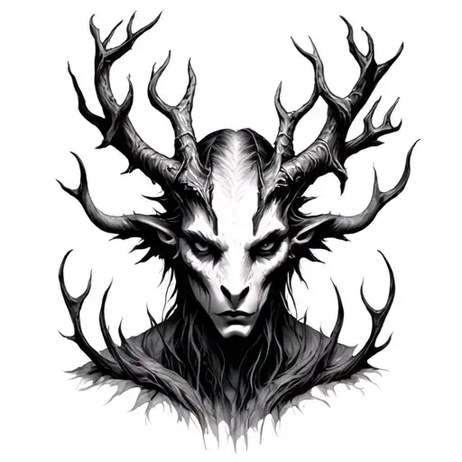 The Warden mysterious creature, leshen face, succubus horn, emerges from the fog to watch over memories, loss. grief tattoo design idea