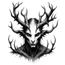 The Warden mysterious creature, leshen face, succubus horn, emerges from the fog to watch over memories, loss. grief tattoo design idea