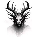 The Warden mysterious creature, leshen face, succubus horn, emerges from the fog to watch over memories, loss. grief tattoo design idea