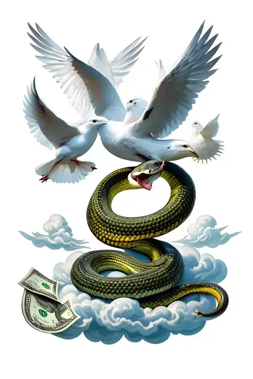 snake money white doves clouds loyalty family tattoo design idea
