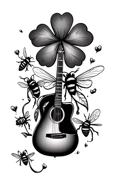 4 leaf clover, a guitar and honey bee  tattoo design idea