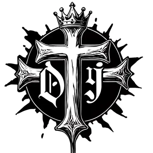 christian cross with a crown ontop and the letters d j a integrated tattoo design idea