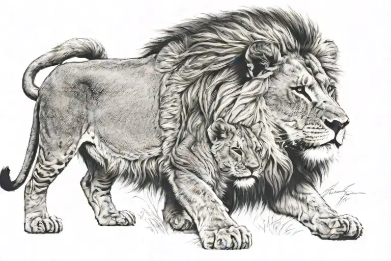 young male lion with baby lion walking together  tattoo design idea