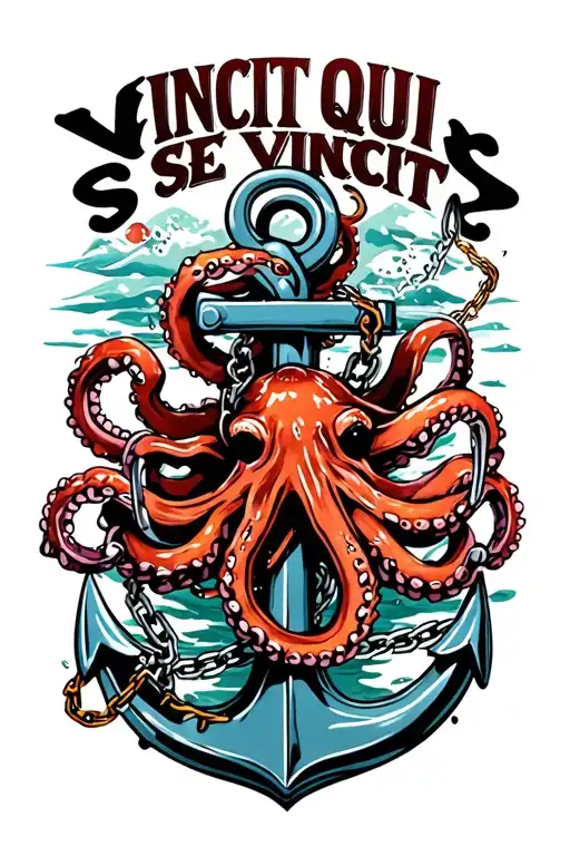 "Vincit Qui Se Vincit" "Vincit Qui Se Vincit" octopus wrapped around anchor with broken chain in water tattoo design idea