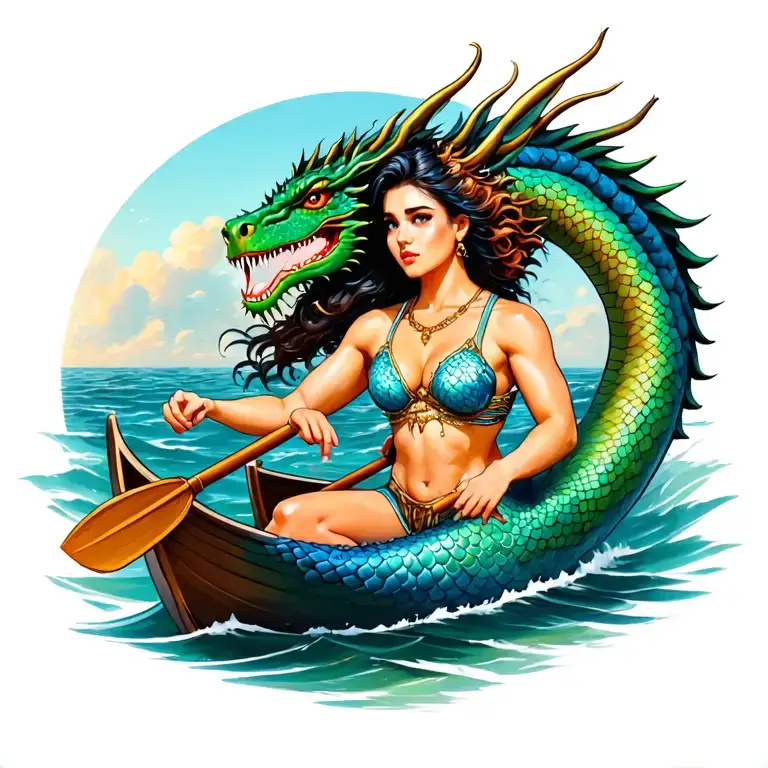 dragon boat rowing in ocean, mermaid guiding a woman marine, k-bar tattoo design idea