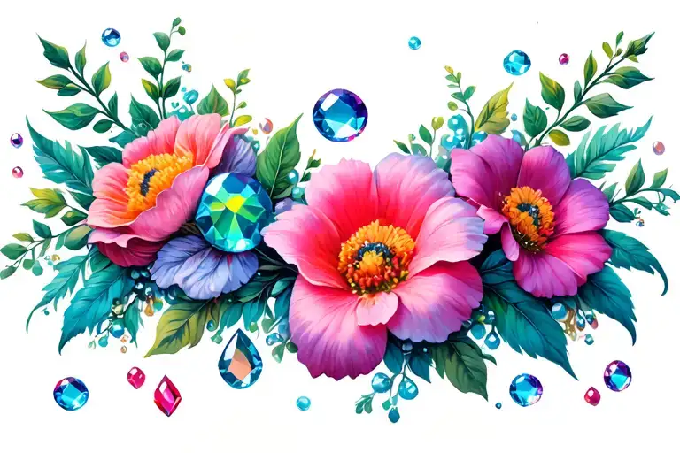 under boob tattoo with flowers and gems scattered tattoo design idea