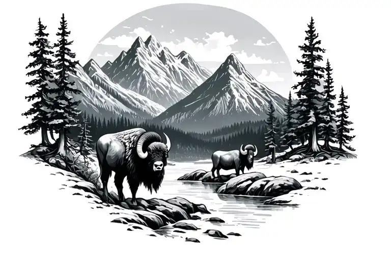 mountains, trees, streams, ram, bison tattoo design idea