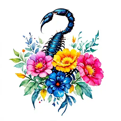 Four colorful flowers, very detailed. Above them, rising to the side of the neck, an imposing black scorpion tattoo design idea