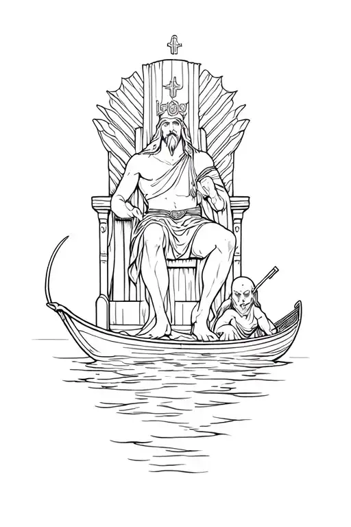 Hades sitting on his throne and underneath him is Charon on a boat on river Styx tattoo design idea