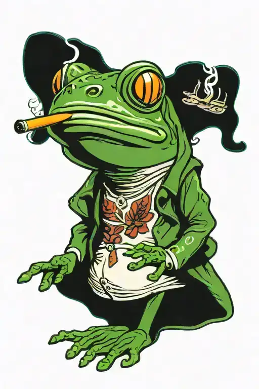a dark green frog standing but shoulders sloched  smoking a cigerette tattoo design idea