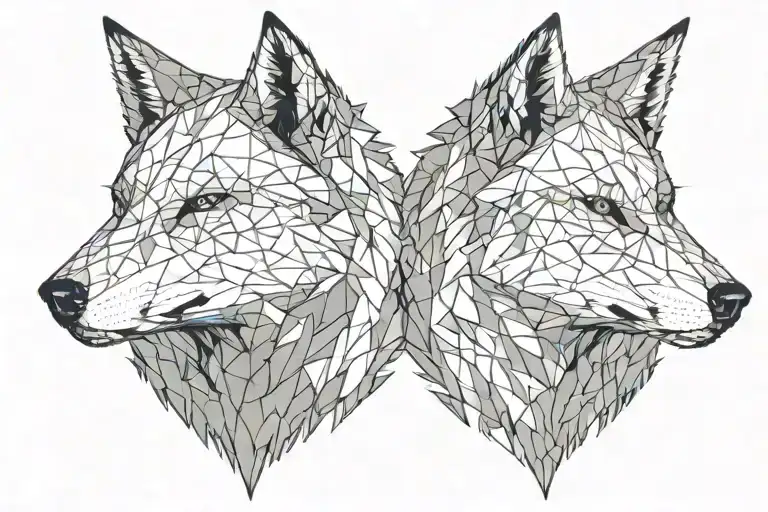 looking at each other a two splited wolfs heads one of them angry tattoo design idea