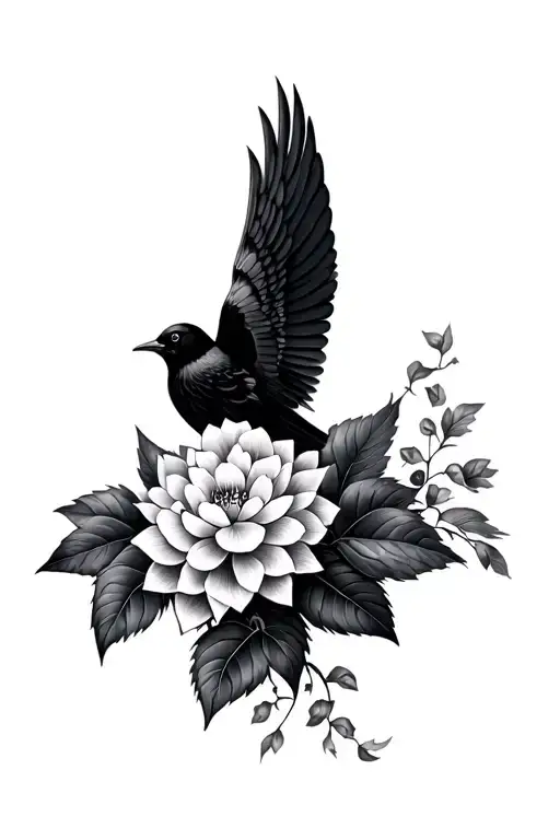 red wing black bird with hydrangea and lotus flower with vines  tattoo design idea