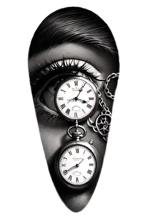 Black and grey. Just a Open womans eye looking down on two pocket watches tattoo design idea