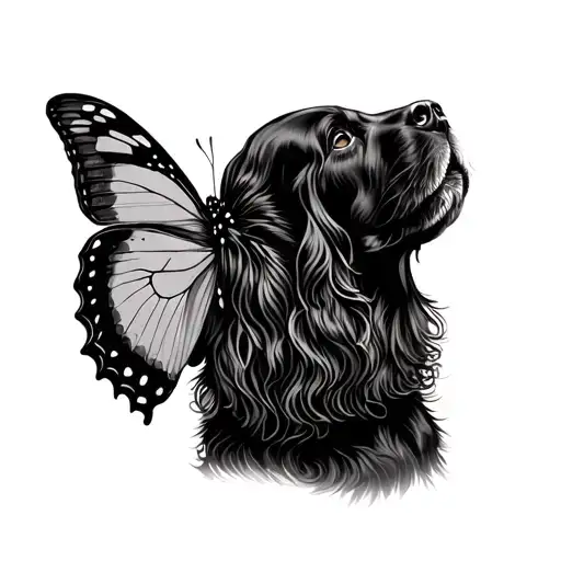 drawing of a field spaniel looking up at a semicolon butterfly tattoo design idea