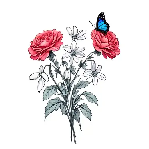 Carnations, rose, snowdrop flowers with butterflies  tattoo design idea