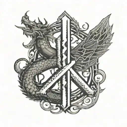 A Nordic rune symbol intertwined with a dragon, symbolizing strength and wisdom, in a dotwork style tattoo design idea