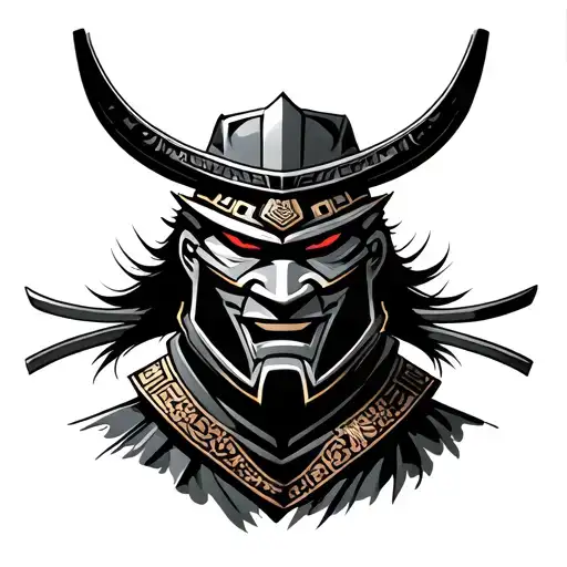 Shogun mask with standing samurai in the middle tattoo design idea