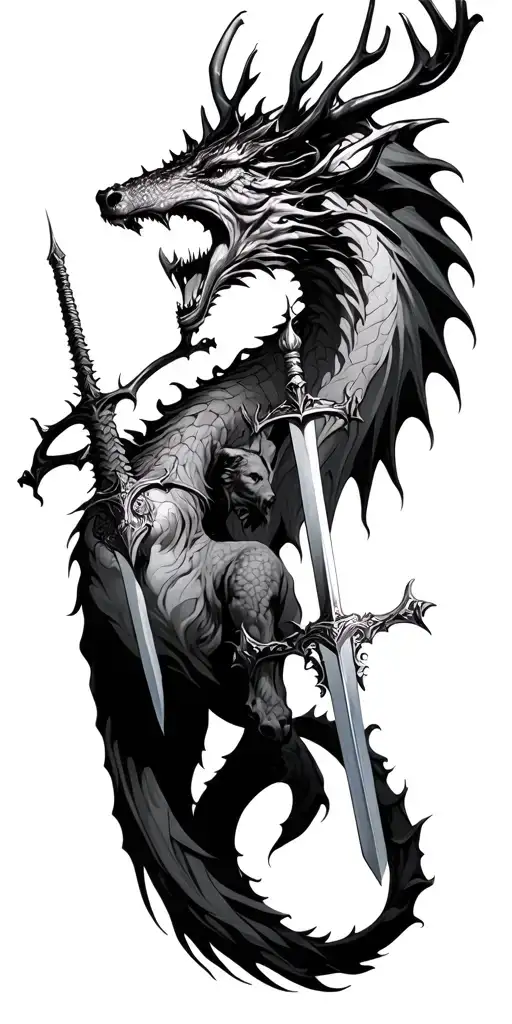 Throne Of Glass dragon and stag with sword tattoo design idea