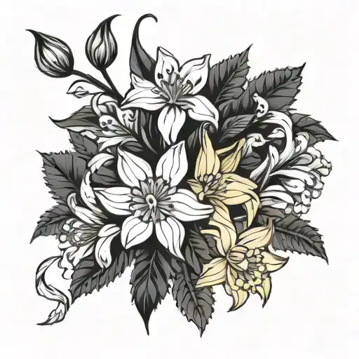 chrysanthemum, larkspur, and daffodil bouquet wrapped tattoo design idea