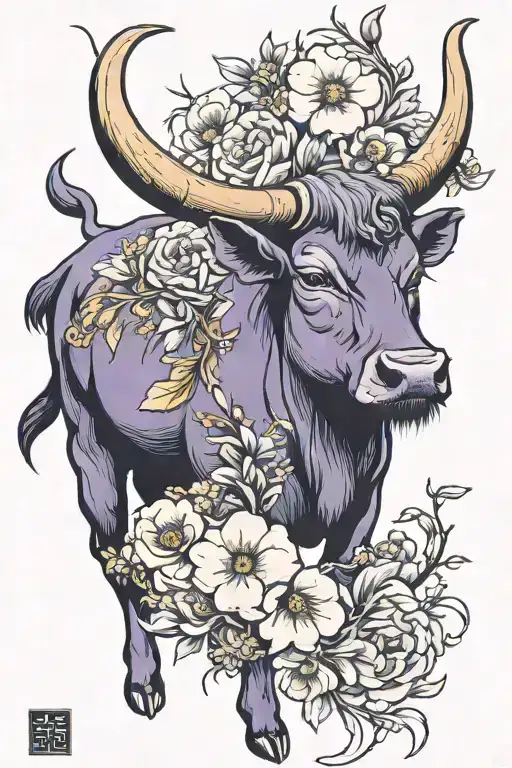 Ox: Larger, more muscular, with sharper features and a fiercer expression.Flowers: The violet and primrose will have da tattoo design idea