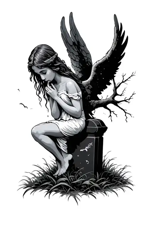angel weeping sitting on a headstone under a dead tree and night sky tattoo design idea