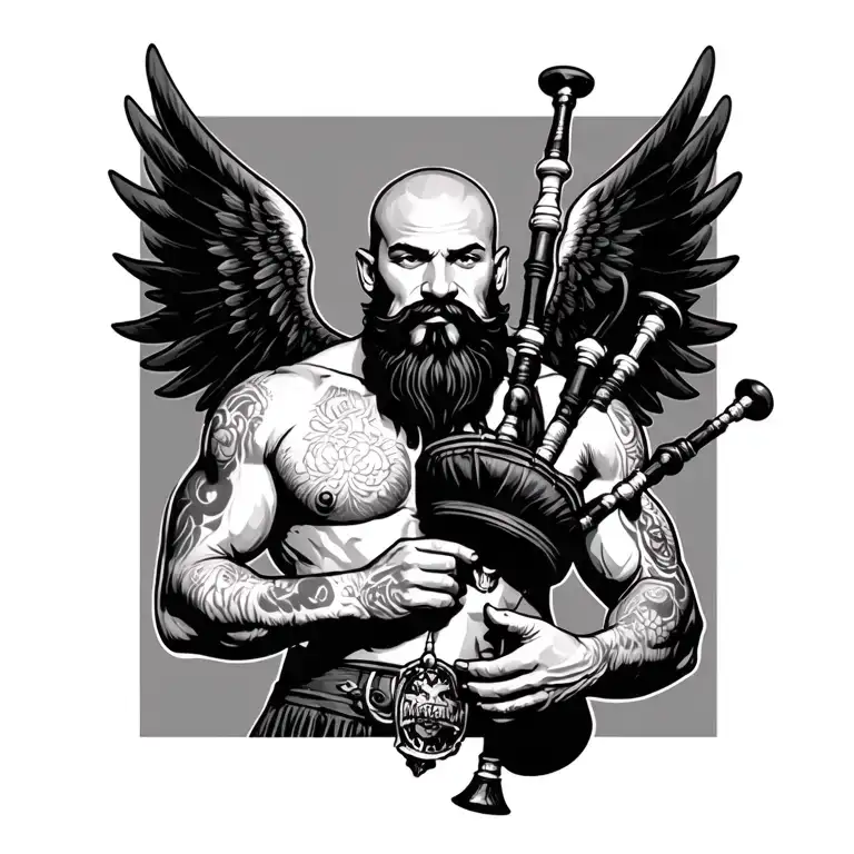 scottish bagpiper bald black beard  muscular wearing pipes in arm big black wings shirtless tattoo happy tattoo design idea