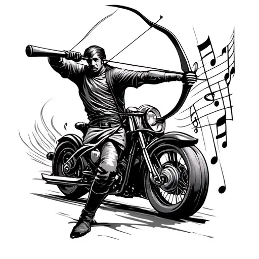 An archer shooting an arrow through a musical staff, with a motorcycle in the background tattoo design idea