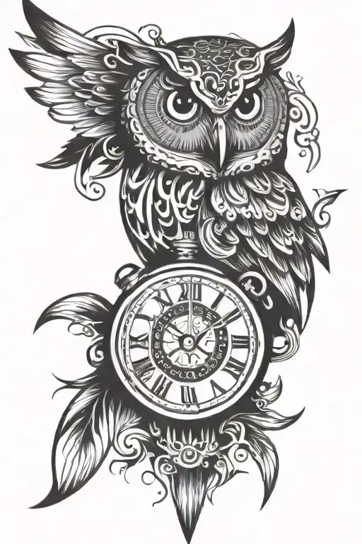 stopwatch owl tribal tattoo design idea