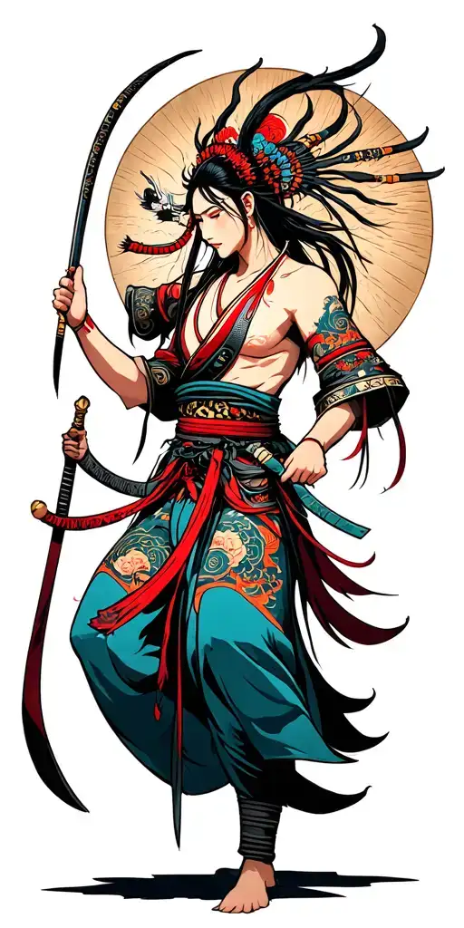 Samarai warrior battling demons tattoo design idea