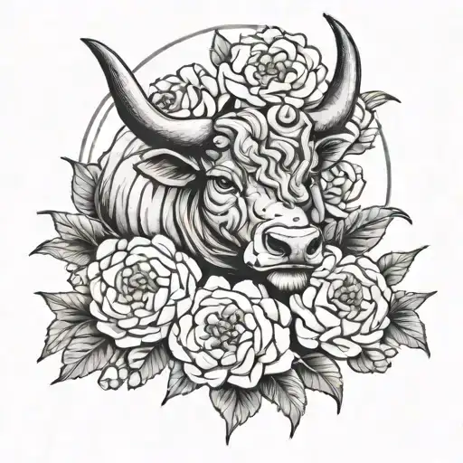 Taurus head in peonies tattoo design idea