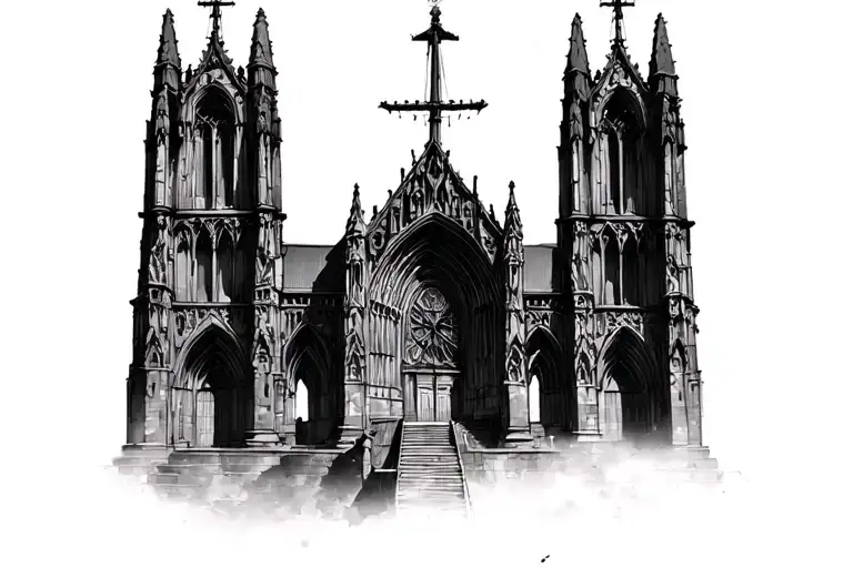 gothic cathedral with 2 small side masts and a large center mast tattoo design idea