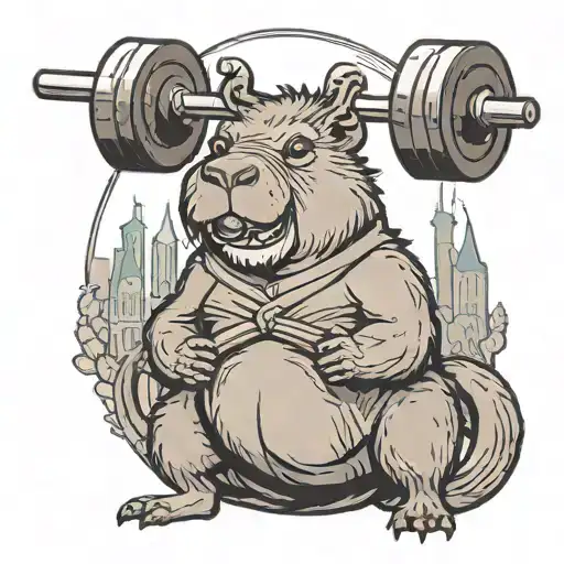 A weightlifting capybara lifting a barbell with Disney castle in the background tattoo design idea