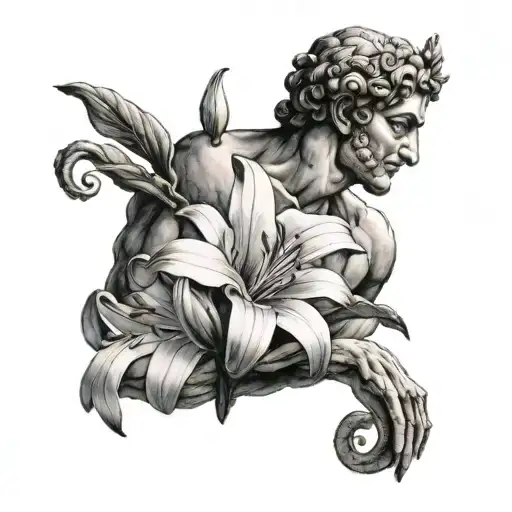 combine aspects of an ancient greco-roman staue with a lily flower  tattoo design idea
