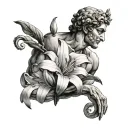 combine aspects of an ancient greco-roman staue with a lily flower  tattoo design idea