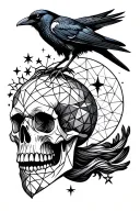 crow perched atop skull with moon and stars intertwined  tattoo design idea